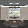 Modern Restaurant Interior Design With Round Dining Table Marble Backdrop And Ceiling Lighting 3d model