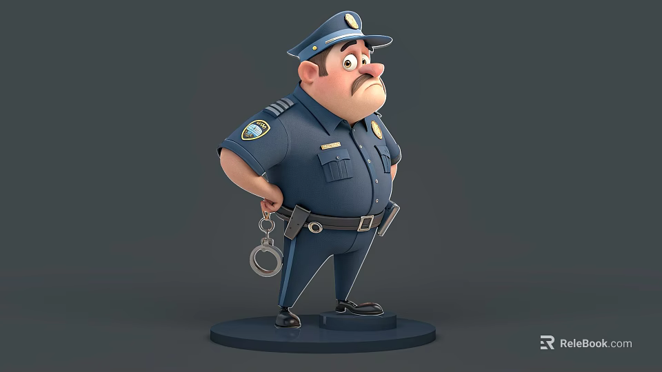 Cartoon Policeman in Blue Uniform with Handcuffs Cap and Badge Standing with Hands on Hips 3d model 