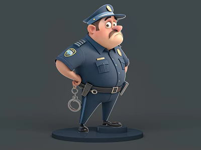 Cartoon Policeman in Blue Uniform with Handcuffs Cap and Badge Standing with Hands on Hips 3d model