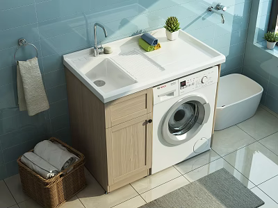 Bathroom Storage Cabinet in Modern Space with Sink Washing Machine Plant and Towels 3d model