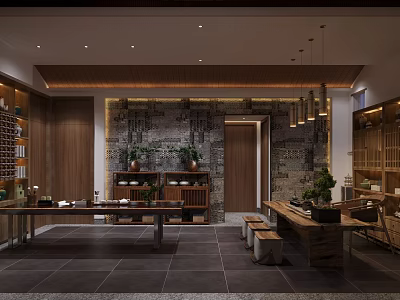 Elegant Clubhouse Interior Featuring Wooden Tables Stone Wall Green Plants And Hanging Lights 3d model