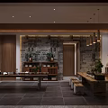 Elegant Clubhouse Interior Featuring Wooden Tables Stone Wall Green Plants And Hanging Lights