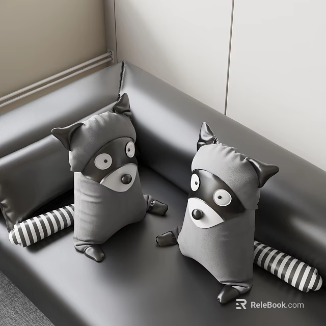 Gray Raccoon Shaped Plush Pillows With Striped Design On Sofa 3d model 
