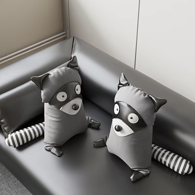 Gray Raccoon Shaped Plush Pillows With Striped Design On Sofa 3d model