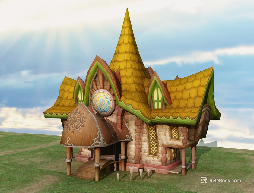 Cartoon Scene Of A Fairy Tale House With Yellow Pointed Roof And Green Trim 3d model 