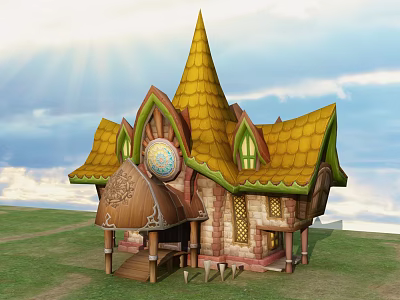 Cartoon Scene Of A Fairy Tale House With Yellow Pointed Roof And Green Trim 3d model