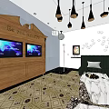 Stylish KTV Lounge Interior With Green Sofa TV Screens Hanging Chandeliers And Decorative Wall