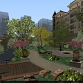 Residential Garden Landscape With Trees Fountain Stone Path Wooden Deck Lawn And Colorful Plants