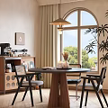 Vintage Wooden Round Dining Table And Rattan Chair Set For Cozy Bright Home Dining Space