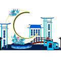 Blue Themed Crescent Moon Decor With Chinese Style Structures And Floral Accents