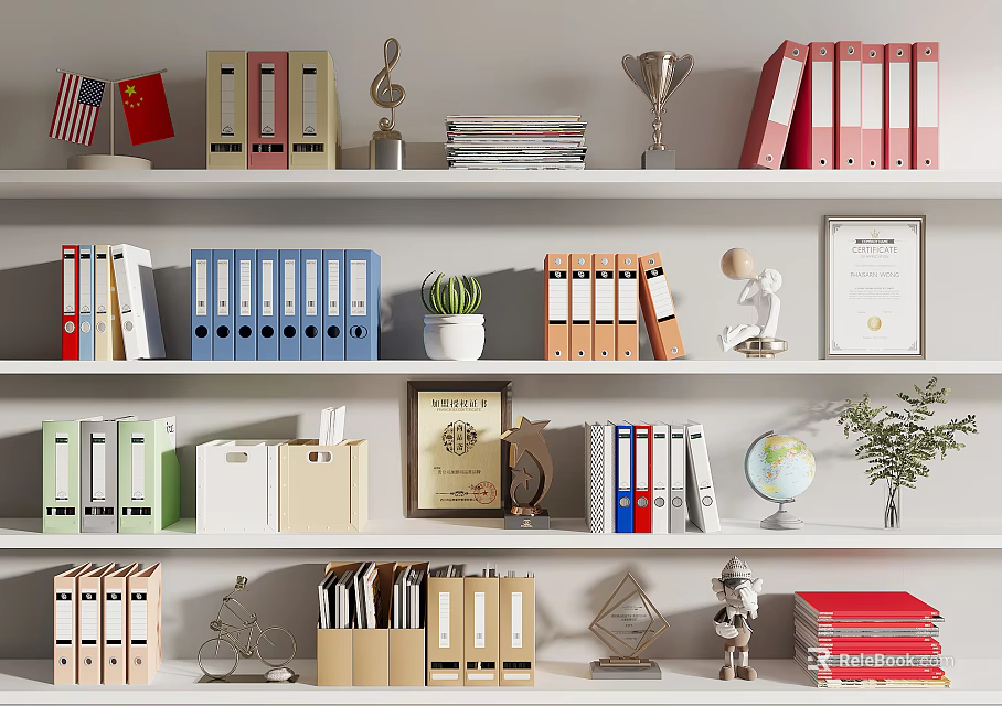 Organized Office Shelf With Colorful Folders Books Trophies And Decorative Items 3d model 