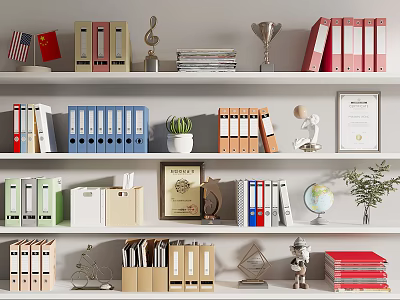 Organized Office Shelf With Colorful Folders Books Trophies And Decorative Items 3d model