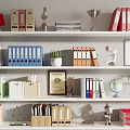 Organized Office Shelf With Colorful Folders Books Trophies And Decorative Items