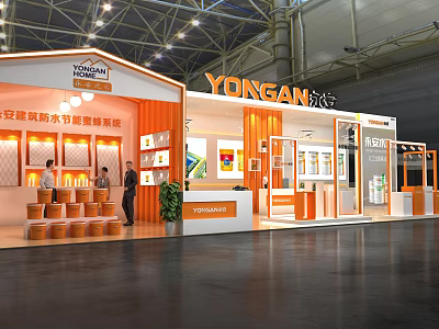 YONGAN Exhibition Booth With Orange And White Modern Design Display Shelves And Reception Counter 3d model