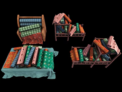 Colorful Patterned Fabric Rolls On Wooden Shelves With Blue Cloth Base 3d model
