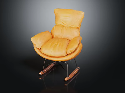 Comfortable Orange Leather Rocking Chair with Curved Backrest Armrests Metal Frame and Wooden Rocking Legs 3d model