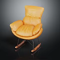 Comfortable Orange Leather Rocking Chair with Curved Backrest Armrests Metal Frame and Wooden Rocking Legs