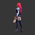 Fictional Character With Pink Long Hair Blue And White Outfit Front Back Views Holding Weapons