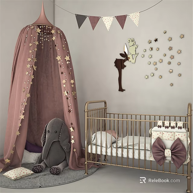 Golden Children's Bed With Pink Star Canopy And Cartoon Rabbit Wall Stickers 3d model 