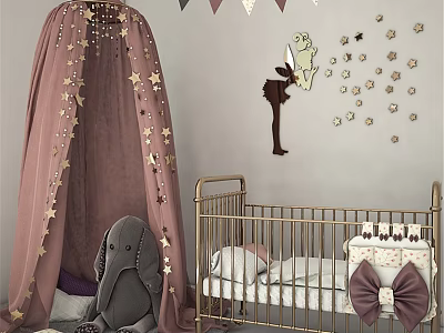 Golden Children's Bed With Pink Star Canopy And Cartoon Rabbit Wall Stickers 3d model
