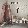 Golden Children's Bed With Pink Star Canopy And Cartoon Rabbit Wall Stickers