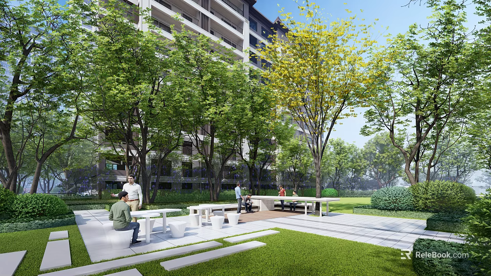 Residential Landscape Wall With Lush Trees Green Lawn And Seating Space In Community 3d model 