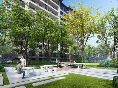 Residential Landscape Wall With Lush Trees Green Lawn And Seating Space In Community 3d model