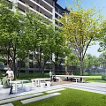 Residential Landscape Wall With Lush Trees Green Lawn And Seating Space In Community