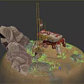 Martian Like Surface Rocky Terrain Exploration Rover With Flag Cables And Small Stones