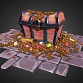 Ancient Wooden Treasure Chest With Scattered Gold Coins And Colorful Gemstones On Stone Floor