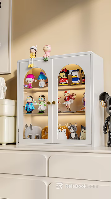 Decorative Ornament Set in Glass Door Cabinet With Lighting Featuring Cartoon Figures And Animal Ornaments 3d model 