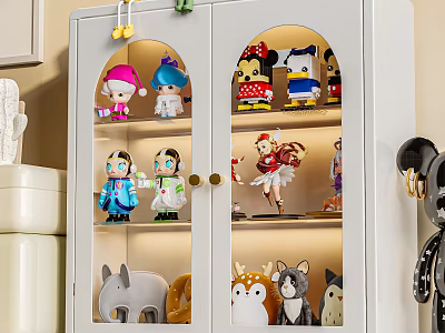 Decorative Ornament Set in Glass Door Cabinet With Lighting Featuring Cartoon Figures And Animal Ornaments 3d model