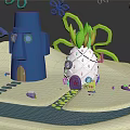 Cartoon Style Pineapple House And Blue Tower With Green Curly Plants Pathway And SpongeBob Character