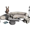 Modern Living Room Sofa Coffee Table Combination With Curved Beige Sofa Marble Top And Green Plant