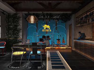 Modern Restaurant With Stage Drums Guitar Neon Decor Yellow Logo And Pendant Light 3d model