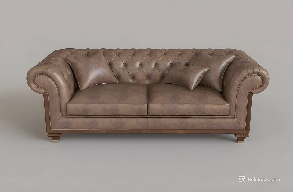 Classic Brown Leather Two Seater Sofa With Tufted Back Rolled Arms And Accent Pillows 3d model 