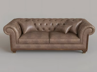Classic Brown Leather Two Seater Sofa With Tufted Back Rolled Arms And Accent Pillows 3d model