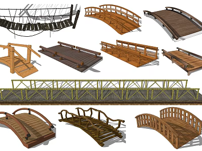 Various Wooden Bridge Designs Including Arch Shapes Decorative Railings and Different Structures 3d model