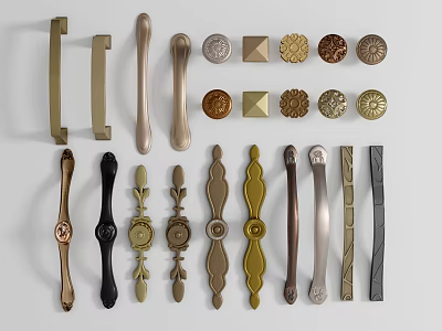 Various Decorative Furniture Handles With Different Styles And Metal Finishes For Cabinets And Drawers 3d model