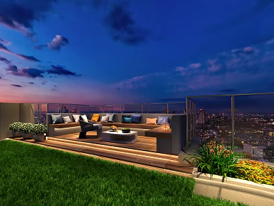 Rooftop Terrace Night View With Comfortable Sofa Green Plants Cityscape Glass Railing And Wooden Flooring 3d model