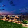 Rooftop Terrace Night View With Comfortable Sofa Green Plants Cityscape Glass Railing And Wooden Flooring