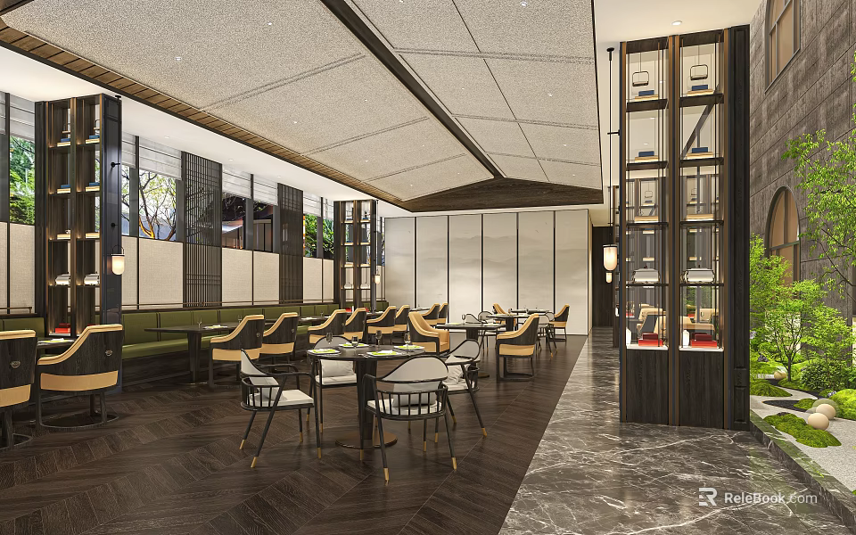 Modern Restaurant Interior Design With Dining Tables Decorative Lighting And Green Plants 3d model 