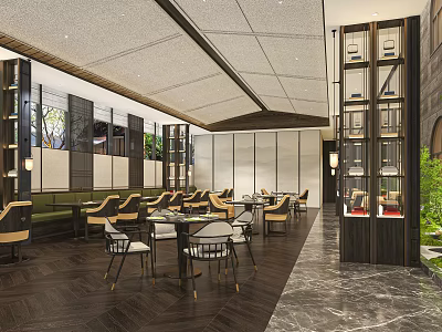 Modern Restaurant Interior Design With Dining Tables Decorative Lighting And Green Plants 3d model