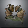 Coil Equipment Wound With Copper Wires On Green Metal Base With Wheels And Yellow Edges