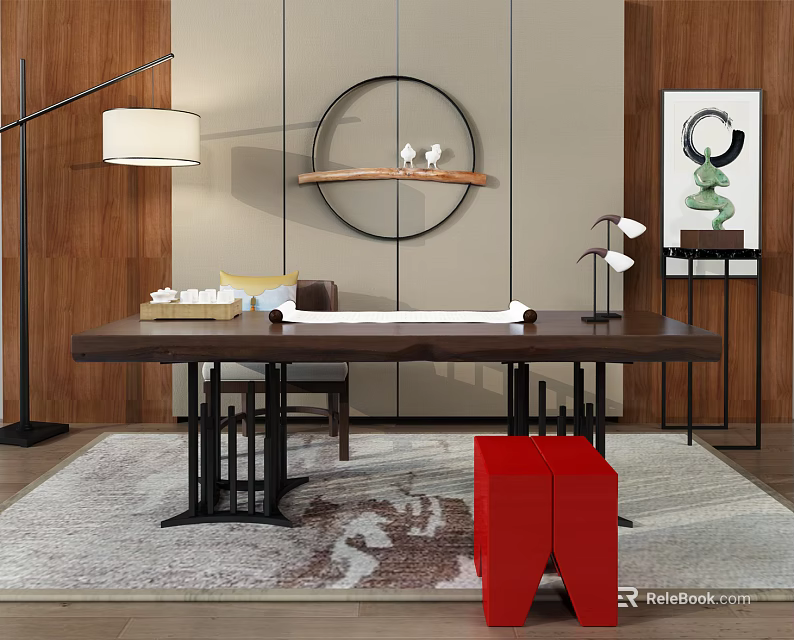 Modern Wooden Desk with Floor Lamp Red Stool and Wall Decor Elements 3d model