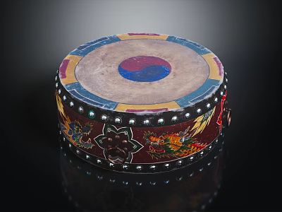 Traditional Musical Instrument Colorful Round Drum With Yin Yang Symbol Dragon Patterns And Nail Decorations 3d model
