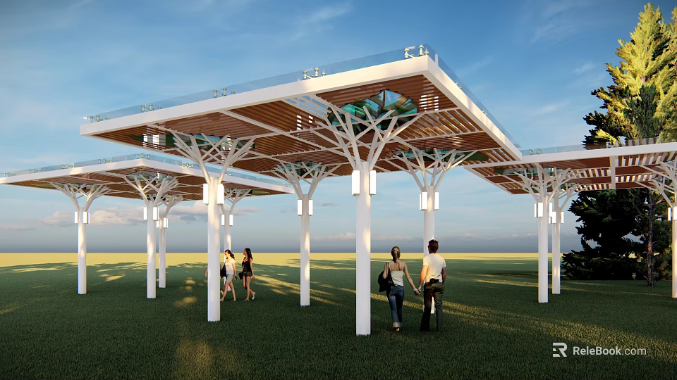 Modern Pergola Design With White Columns Wooden Roof And Glass Railings On Green Lawn 3d model 