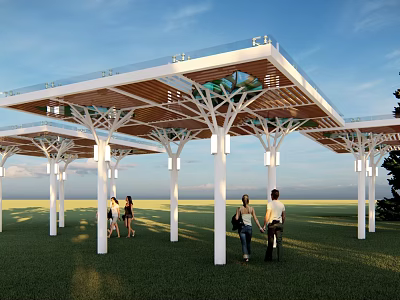 Modern Pergola Design With White Columns Wooden Roof And Glass Railings On Green Lawn 3d model