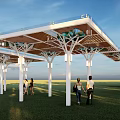 Modern Pergola Design With White Columns Wooden Roof And Glass Railings On Green Lawn