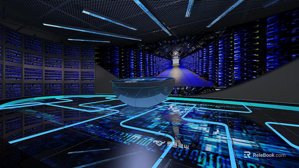 High Tech Data Center Interior With Server Racks Blue Lighting And Network Cables 3d model